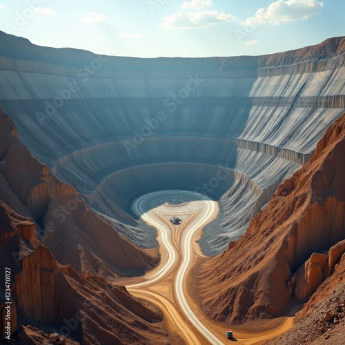 A massive open-pit mine, with a truck navigating the depths photo
