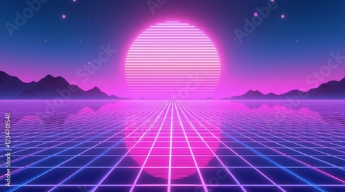 A vibrant retro-futuristic scene featuring a glowing pink sun and grid reflecting on the surface, creating a nostalgic 80s synthwave atmosphere. Best for digital art, sci-fi, and landscape designs. photo