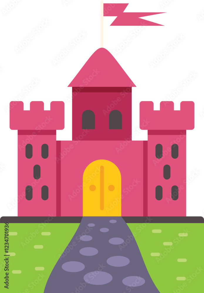 Fototapeta premium Medieval castle with red brick walls and golden gate standing on green lawn with stone path leading to it