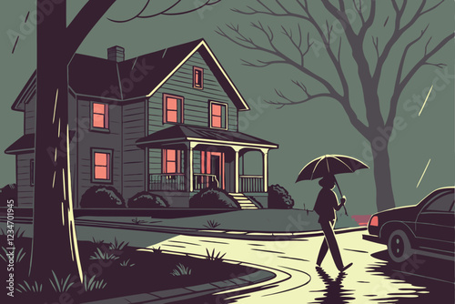  Heavy rain at night, flooded suburban street, car taillights, house with porch light, figure with umbrella, reflections on water, atmospheric lighting, cinematic, moody, dramatic, photorealistic, d