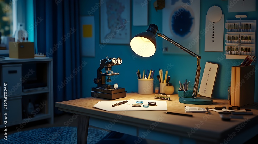 Photorealistic Lab Station with Microscope and Scientific Tools Photorealistic Lab Station with Microscope and Scientific Tools