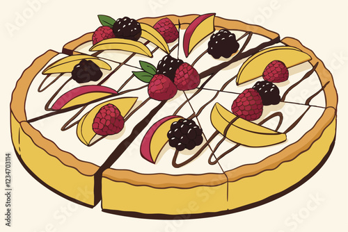  Colorful fruit pizza, vibrant dessert, fresh raspberries and blackberries, sliced mangoes, chocolate drizzle, creamy white filling, golden crust, artistic arrangement, appetizing presentation, high