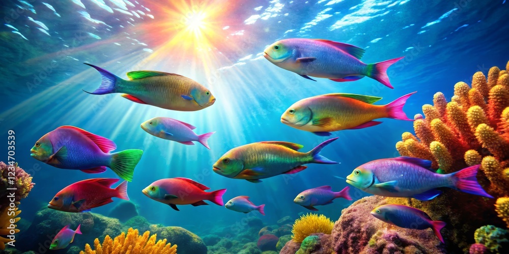 Naklejka premium Colorful Tropical Fish Swimming in Vibrant Coral Reef Underwater