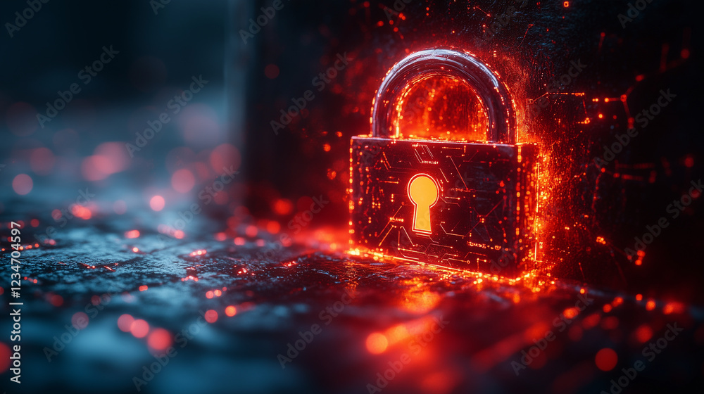 A glowing representation of cybersecurity: a lock surrounded by swirling digital elements. Bright lighting, contrast