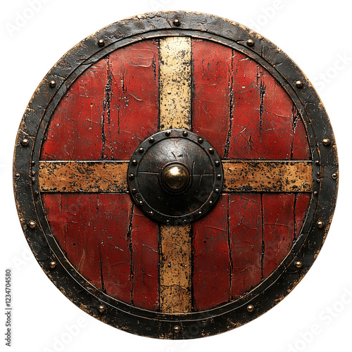 Ancient Wooden Viking Shield Red Gold Design war art game armor metal isolated on transparent or white background, png