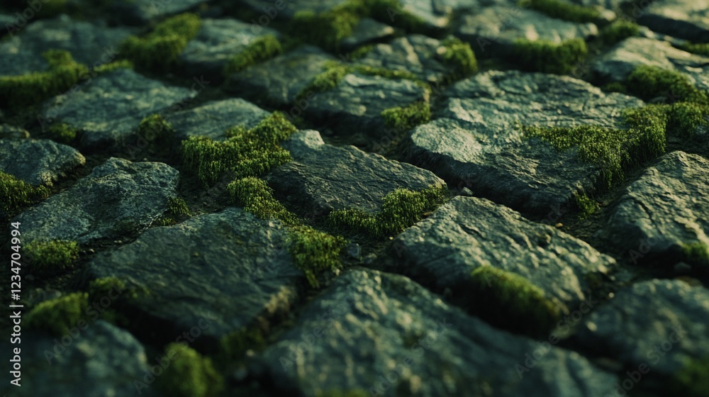 Close-up view of a stone pathway with moss growing in between the stones in nature Close-up view of a stone pathway with moss growing in between the stones in nature