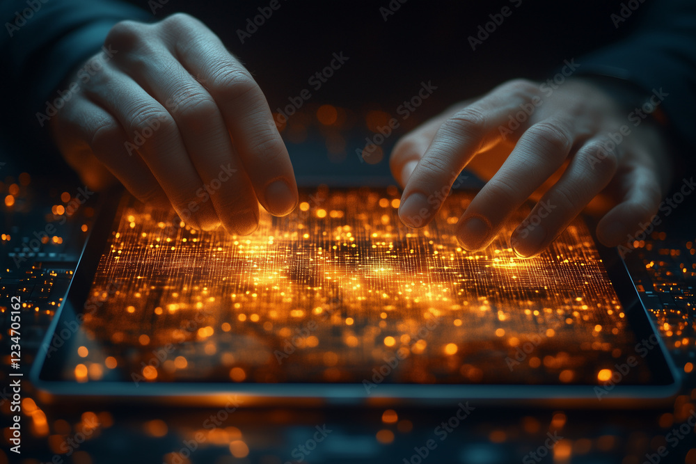An IT professional showcasing a mobile app prototype on a sleek tablet. Bright lighting, contrast