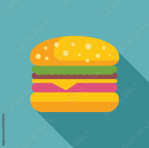 Tasty hamburger with sesame bun, meat, cheese, tomato, lettuce and long shadow on a turquoise background