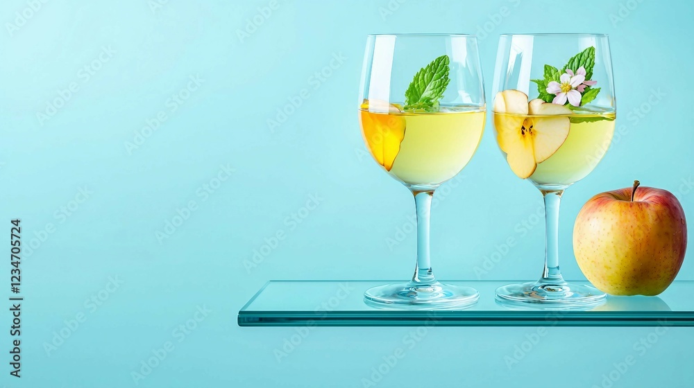 Refreshing Apple Drink with Mint and Floral Garnish in Glasses Refreshing Apple Drink with Mint and Floral Garnish in Glasses