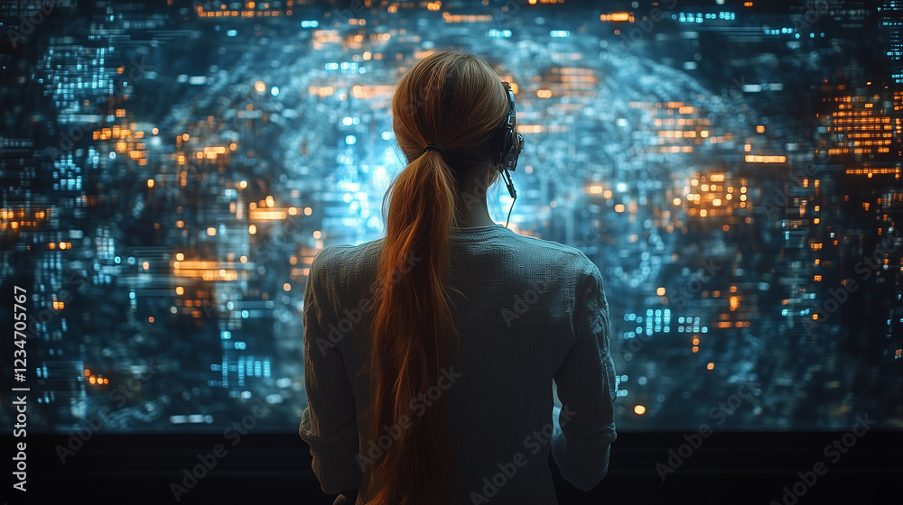 A cyber analyst working on a holographic display, surrounded by a virtual network of data nodes. Bright lighting, contrast