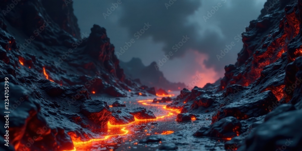 Fototapeta premium Fiery River of Molten Rock Flows Through a Dark Volcanic Landscape Under a Gloomy Sky