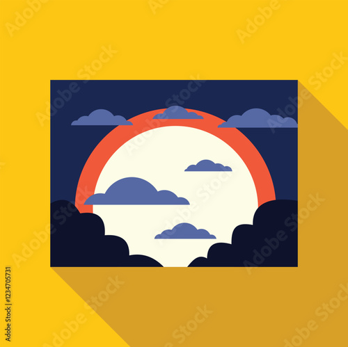 Minimalist flat design of a big bright moon shining through clouds during night, simple and elegant vector illustration