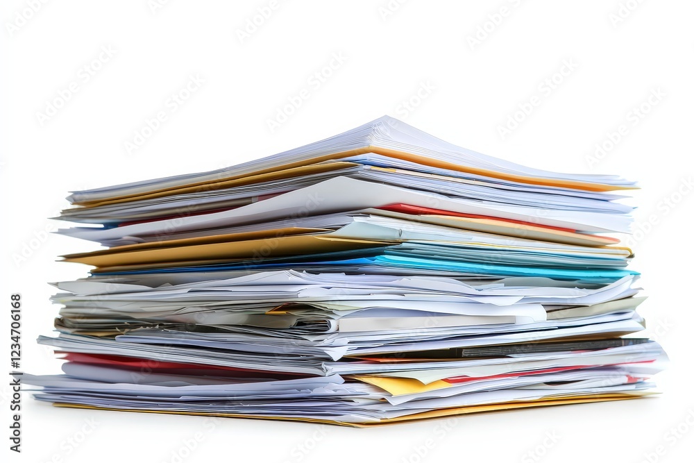 A large stack of papers and folders on a white background, symbolizing office work and paperwork overload. Ideal for illustrating concepts of organization, productivity, and stress in the workplace. A large stack of papers and folders on a white background, symbolizing office work and paperwork overload. Ideal for illustrating concepts of organization, productivity, and stress in the workplace.