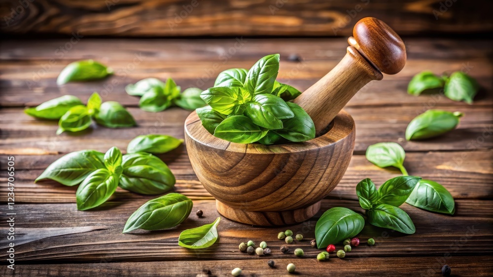Fresh basil leaves crushed in a mortar and pestle on a wooden counter , basil, herbs Fresh basil leaves crushed in a mortar and pestle on a wooden counter , basil, herbs