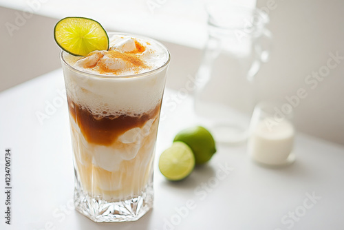 refreshing dirty soda beverage featuring a glass filled with ice, a splash of flavored syrups, creamy layers of coconut cream and garnished with a wedge of lime.