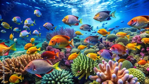 Vibrant Underwater Scene with Colorful Tropical Fish and Coral Reef