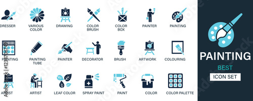 Painting icon set collection. Dresser, various, drawing, color brush, color, box, painter, painting, decorator, brush, artwork and best solid icon set.