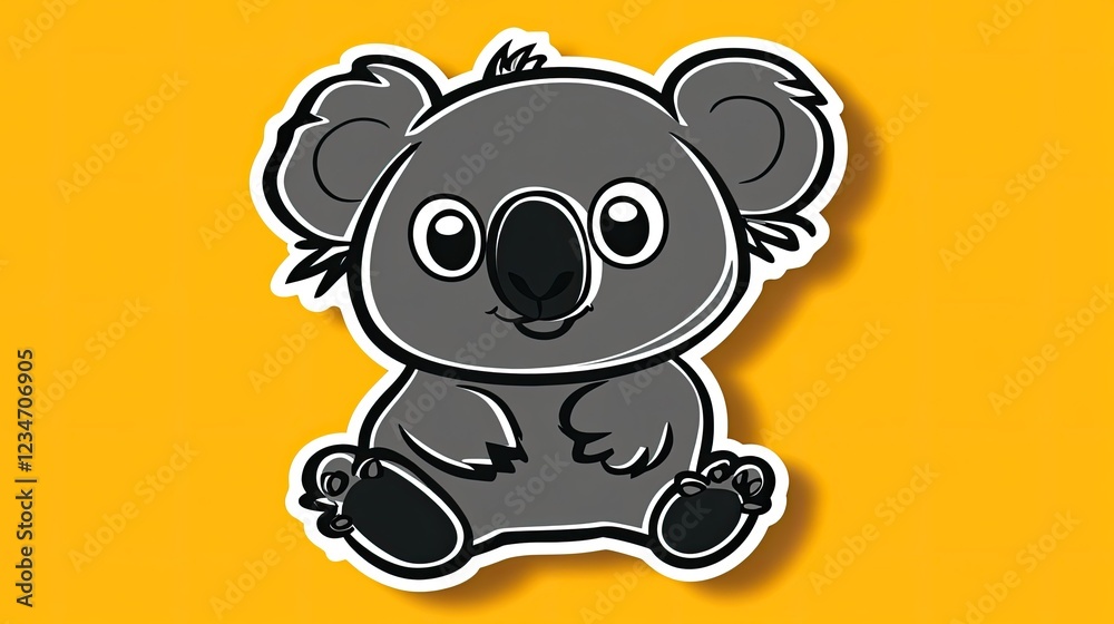 Fototapeta premium Cute Koala Cartoon, Sitting, Yellow Background, Childrens Illustration, Sticker Design