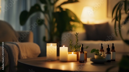 Candles, aromatherapy oils, and plants create a relaxing indoor ambiance with warm lighting