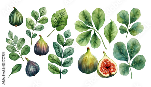 Watercolor collection of the fig tree fruits, fruit parts and leaves isolated on white background.