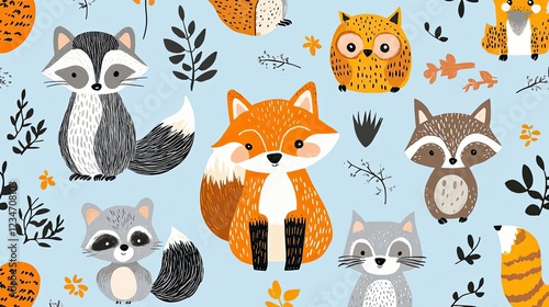 Cute woodland animals pattern, autumn leaves, light blue background, kids fabric design