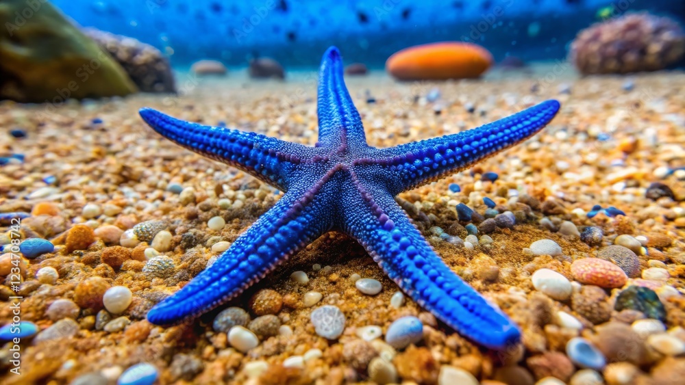 Vibrant Blue Starfish on Sandy Ocean Floor with Colorful Pebbles Vibrant Blue Starfish on Sandy Ocean Floor with Colorful Pebbles