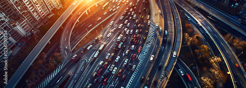 Aerial View of Busy Highway with Heavy Traffic at Sunset

 photo