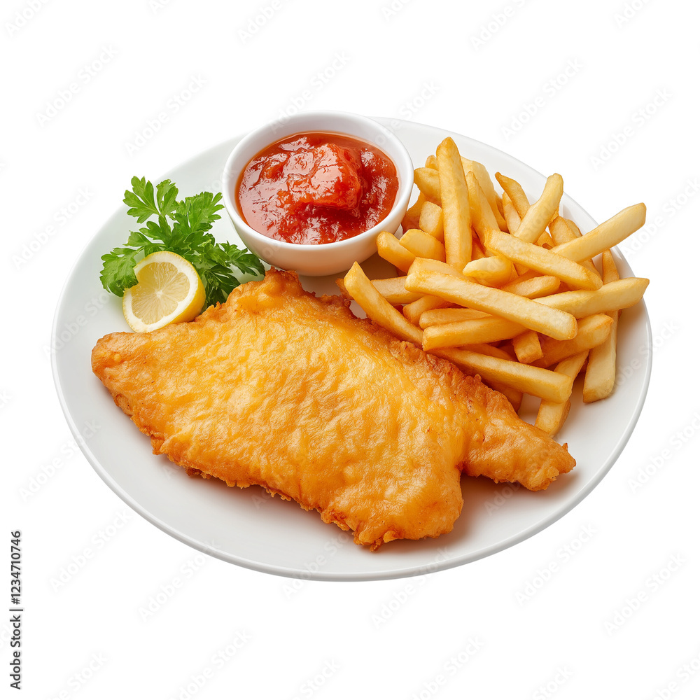 Crispy fish fillet served with fries, tartar sauce, and lemon wedge on a white plate against a transparent background. Crispy fish fillet served with fries, tartar sauce, and lemon wedge on a white plate against a transparent background.