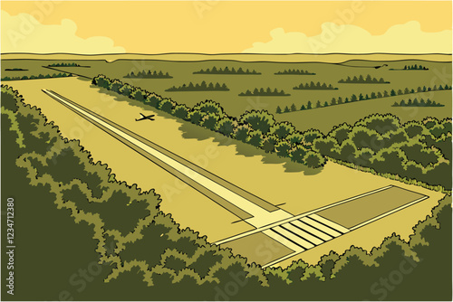  Aerial view, long straight runway, dense green forest, clearing in woods, paved airstrip, symmetrical landscape, sunlit treetops, aviation infrastructure, environmental contrast, geometric lines in