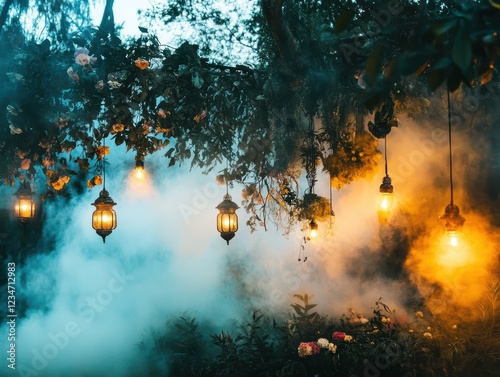 Enchanted Forest Gathering Concept. A mystical scene with hanging lanterns surrounded by fog and flowers, creating an enchanting atmosphere. photo