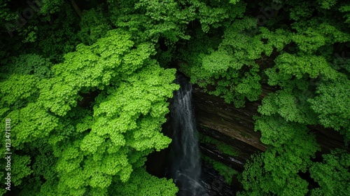 A serene waterfall cascades through lush green foliage, creating a vibrant natural setting filled with tranquility and beauty.