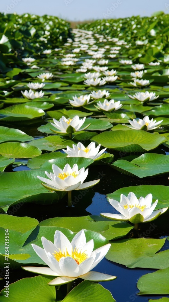 A serene pond filled with blooming white water lilies and lush green leaves, reflecting tranquility and natural beauty.