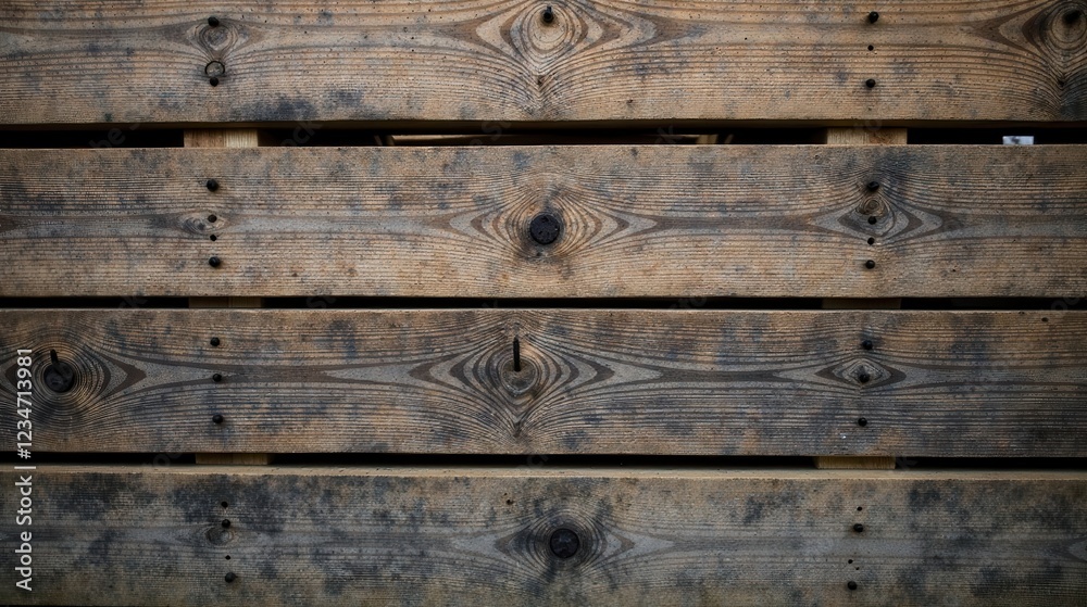 Obraz premium Close-up view of weathered, horizontally arranged wooden planks, showing natural wood grain and aged texture with visible nails