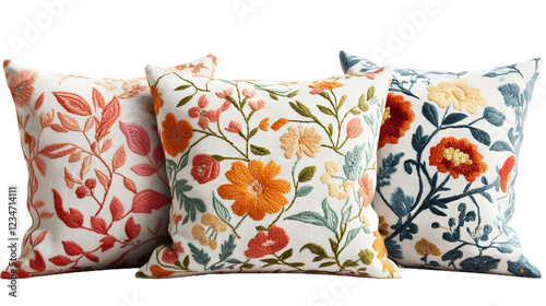 Set of decorative cushions with embroidered floral on white or transparent background