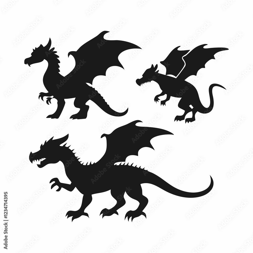 Three Dragon Silhouettes Against a White Background Three Dragon Silhouettes Against a White Background