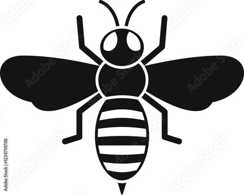 Simple black and white bee icon flying with open wings