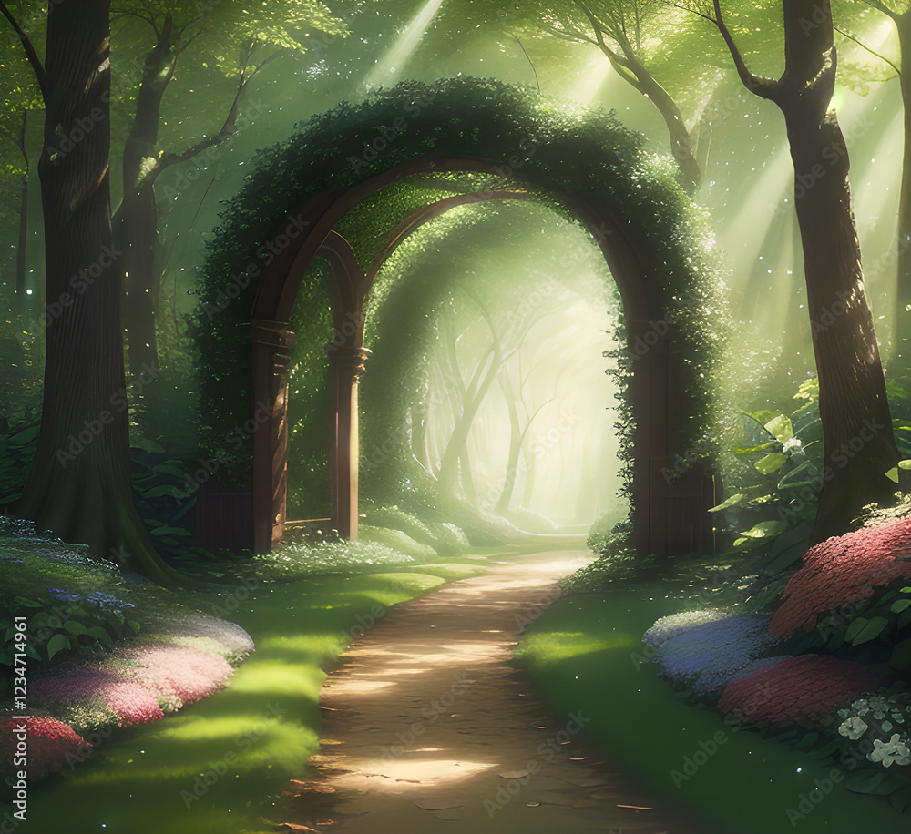 Obraz premium Fantasy apple tree garden with natural arch entrance and sun rays, magical door gate in fairy green forest, ecology environment background with empty copy space, mysterious summer nature background.ge