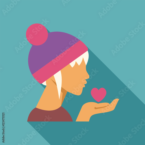 Profile of a person wearing winter clothes, holding a heart symbol in open hand, expressing love, care, and affection