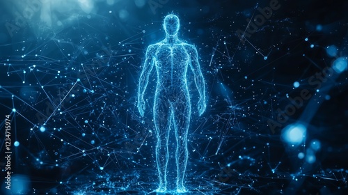 Digital Human Figure in Abstract Network of Data Points and Lines