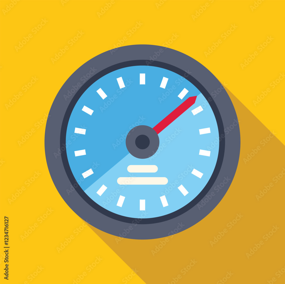 Speedometer with red needle showing medium speed performance, progress, or measurement on a yellow background Speedometer with red needle showing medium speed performance, progress, or measurement on a yellow background