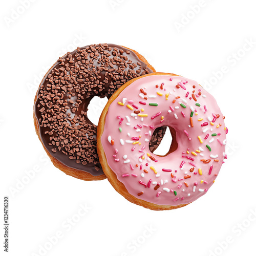 Two delicious donuts, one with chocolate sprinkles and the other with pink icing and colorful sprinkles, set against a transparent background.