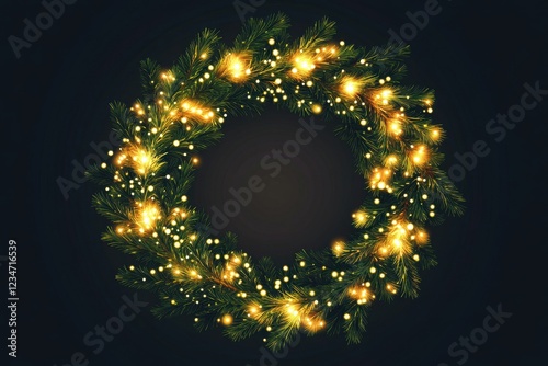 Festive holiday wreath draped with shimmering lights. Elegant garland ideal for christmas trees. Seasonal design showcasing realistic pine branches for effortless decoration photo