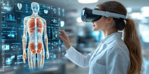 A female doctor wearing VR glasses is operating on the holographic human body, with digital data floating in front of her and medical information symbols on it.