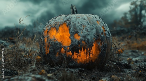 A decayed pumpkin emits an orange glow against a dark, stormy sky photo