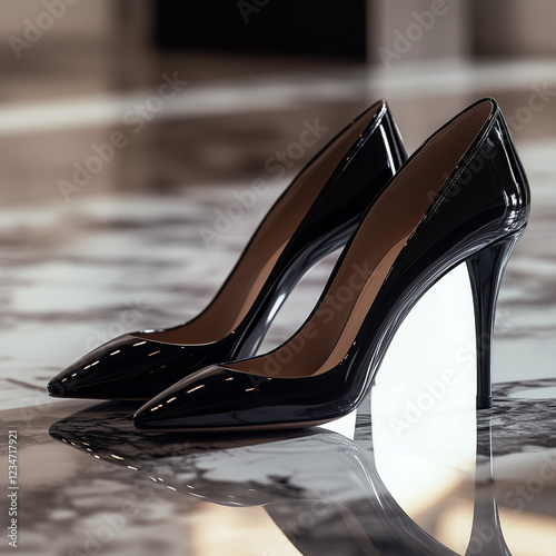 A pair of elegant black high heels placed on a glossy marble floor, with soft studio lighting reflecting on the surface for a luxurious look. photo