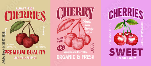 Combo Vintage/Retro Cherry illustration, vector, design, print