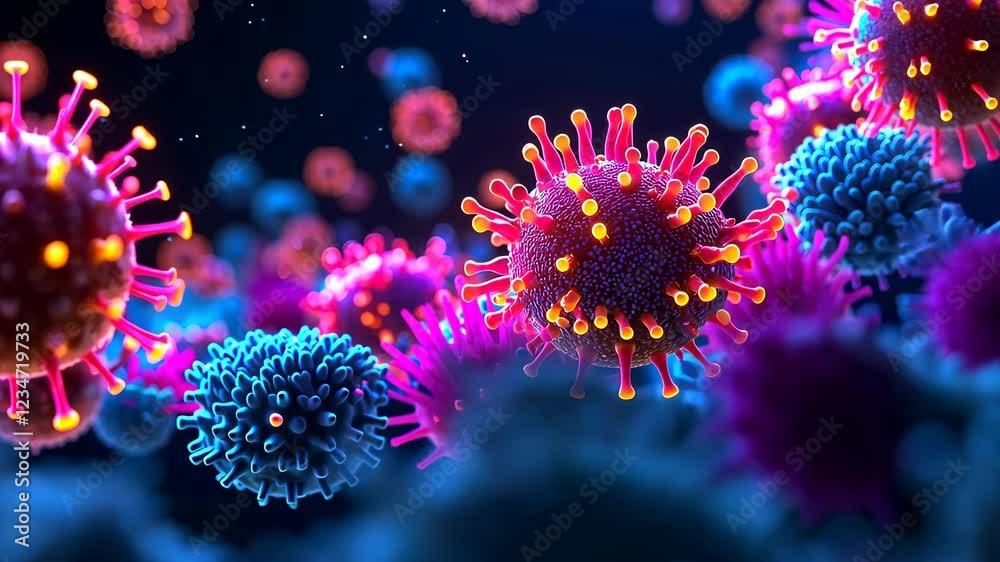 A 3D model of an immune system overreacting to allergens, with glowing cells attacking harmless substances. A 3D model of an immune system overreacting to allergens, with glowing cells attacking harmless substances.