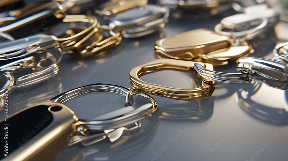 Shiny keychains of gold and silver in a reflective surface, close up, abstract Shiny keychains of gold and silver in a reflective surface, close up, abstract