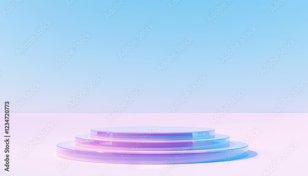 Minimalist pastel podium with soft pink and blue lighting, holographic empty showcase platform for product display Minimalist pastel podium with soft pink and blue lighting, holographic empty showcase platform for product display