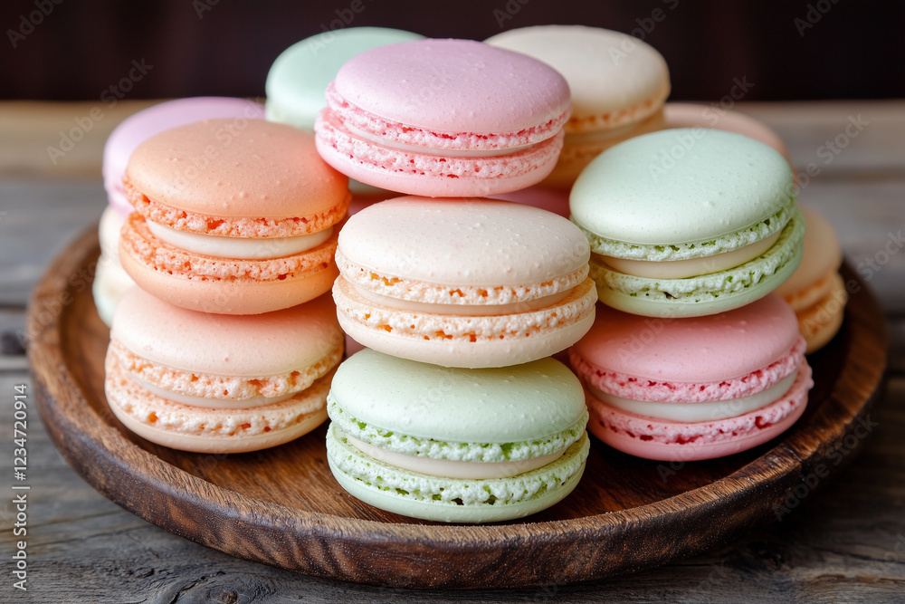 Colorful macarons stacked on a rustic wooden plate Colorful macarons stacked on a rustic wooden plate
